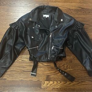 Women Black Cropped Pleather Jacket